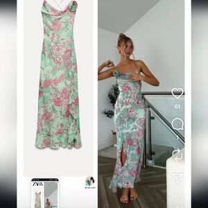 NWT ZARA FLORAL PRINT SLIP DRESS GREEN AND PINK